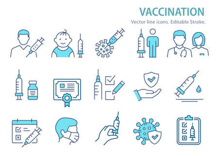 Vaccine icons, such as syringe, coronavirus, covid 19 and more. Editable Stroke. Vector illustration.のイラスト素材
