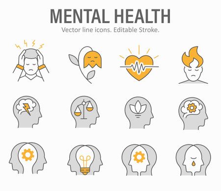 Mental health icons, such as anxiety, therapy, panic attack and more. Vector illustration isolated on white. Editable stroke.のイラスト素材