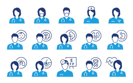 Doctor icons, such as pediatrician, cardiologist, dermatologist, gastroenterologist, pulmonologist and more.のイラスト素材