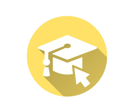 Online graduation cap flat icon with long shadow for graphic and web design.のイラスト素材