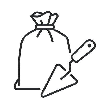 Plastering tools icon illustrating trowel and material bag for wall finishing, construction and renovation tasks. Editable stroke vector icon.のイラスト素材