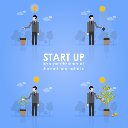 Business Timeline Infographics Design Emphasizing Businessman Planting Tree Concept on Light Blue Background. Vector image.のイラスト素材