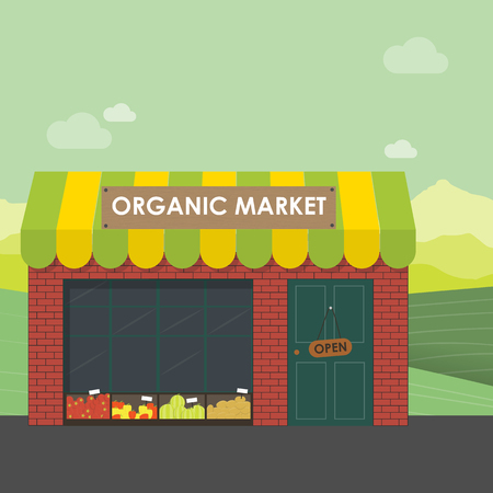 Organic market concept. Vector illustration of a store with a basket of organic vegetables and fruits. Delivery of natural products from the garden straight to the shop.のイラスト素材