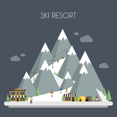 Ski Resort. Mountain landscapes. Vector flat illustrationsのイラスト素材