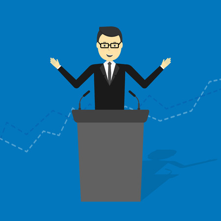 illustration of cartoon businessman talking on podiumのイラスト素材