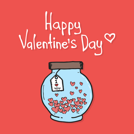 Valentine\'s day greeting card with heart, jar, lettering and other decorative elements.のイラスト素材