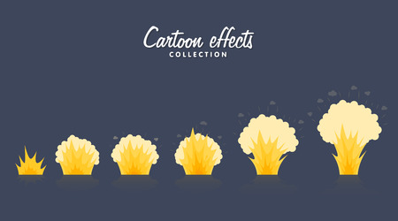 Cartoon explosion effect with smoke. Effect boom, explode flash, bomb comic, illustration. Animation frames for game.のイラスト素材
