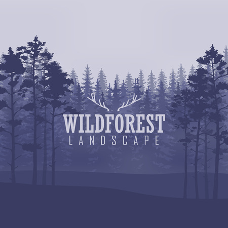 Wild coniferous forest background. Pine tree, landscape nature, wood natural panorama. Outdoor camping design template.のイラスト素材