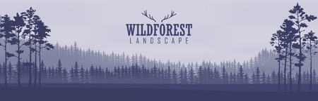 Horizontal abstract banners of hills of coniferous wood in dark blue tone.のイラスト素材