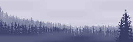 Horizontal abstract banners of hills of coniferous wood in dark blue tone.のイラスト素材