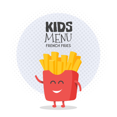 Kids restaurant menu cardboard character. Template for your projects, websites, invitations. Funny cute drawn french fries, with a smile, eyes and hands.のイラスト素材
