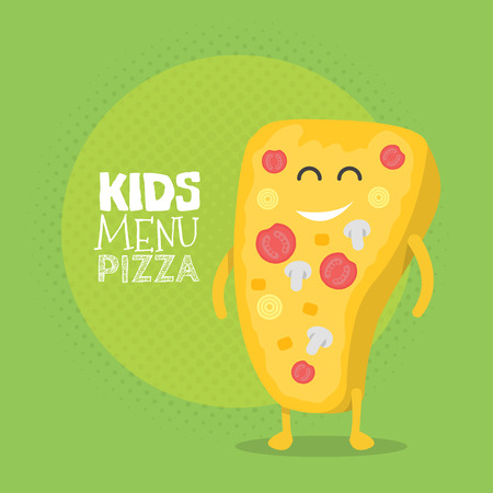 Kids restaurant menu cardboard character. Template for your projects, websites, invitations. Funny cute drawn pizza, with a smile, eyes and hands.のイラスト素材