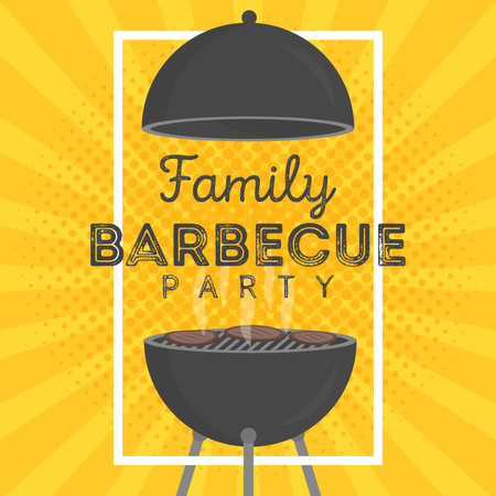 Lovely vector barbecue party invitation design template. Trendy BBQ cookout poster design with classic charcoal grill, fork, cooking paddle and sample textのイラスト素材
