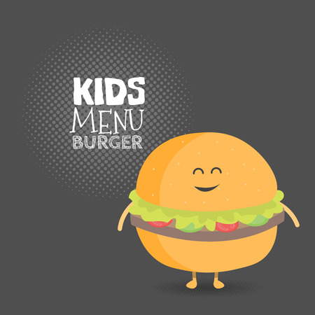 Kids restaurant menu cardboard character. Template for your projects, websites, invitations. Funny cute burger drawn with a smile, eyes and hands.のイラスト素材