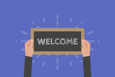 Hand holding sign welcome vector illustration. Chalkboardのイラスト素材