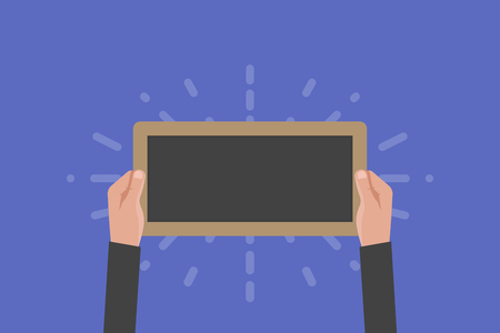 Hand holding sign board vector illustration. Chalkboardのイラスト素材