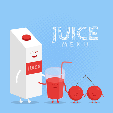 Kids restaurant menu cardboard character. Template for your projects, websites, invitations. Funny cute cherry juice packaging and glass drawn with a smile, eyes and hands.のイラスト素材
