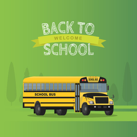 Vector yellow school bus isolated on green background.