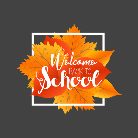 Autumn season welcome back to school. Painted lettering hand drawn. Label and banner template with yellow red leaves.のイラスト素材