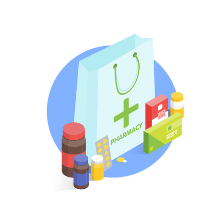 Modern pharmacy and drugstore concept. Isometric simple illustration.のイラスト素材