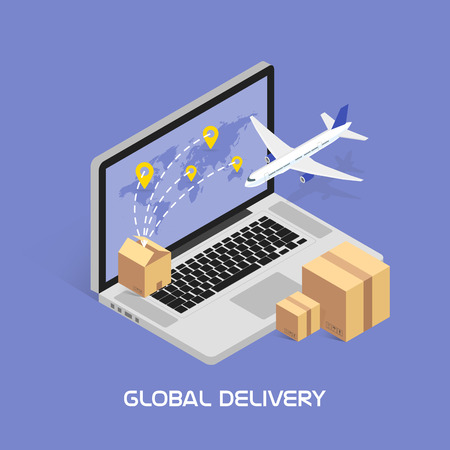 Isometric Concept Online tracking. Shipping and global deliveries by air service. Cardboard boxes with products. Aircraft flying.のイラスト素材