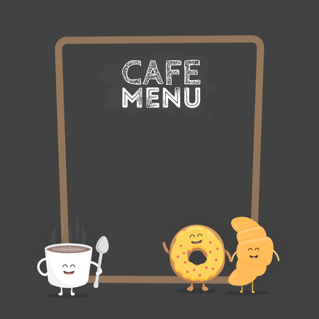 Kids restaurant menu cardboard character. Template for your projects, websites, invitations. Funny cute mug coffee and donut drawn with a smile, eyes and hands.のイラスト素材