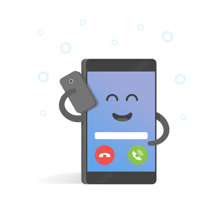 Smartphone talking on cell concept. Cute cartoon character phone with hands, eyes and smile.のイラスト素材