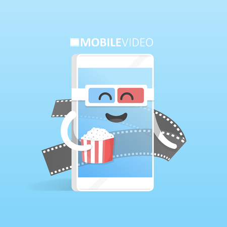 Smartphone 3d glasses with popcorn concept watch videos online movie theater. Cute Cartoon character phone with hands, eyes and smile.のイラスト素材