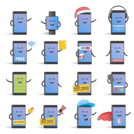 Happy cartoon smart phone character set, great for your design.のイラスト素材