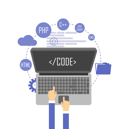 Programmer at computer desk working on program. Software conceptのイラスト素材