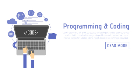 Programmer at computer desk working on program. Software concept.のイラスト素材