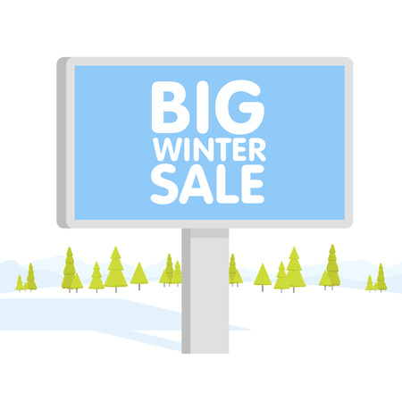 Vector illustration of flat designed winter mountains landscape with billboard. Can be used as flyer, cover, business cards, envelope, and brochure background.のイラスト素材