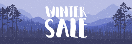 Winter sale words on the beautiful Chrismas flat Winter holidays landscape background with trees, snowflakes, falling snow. Vector illustrationのイラスト素材