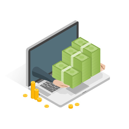 Isometric laptop with money stack vector illustration.のイラスト素材