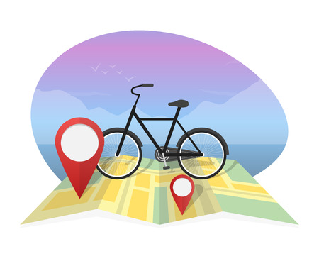Vector illustration traveler with bicycle on map background.のイラスト素材