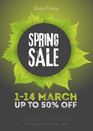 Spring sale poster template with leaves and frame in green black background. Vector illustration.のイラスト素材