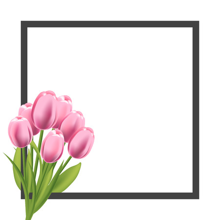 Realistic tulips flower frame. Blank template for text, greeting and spring promotion banner. Vector illustration. White backgroundのイラスト素材