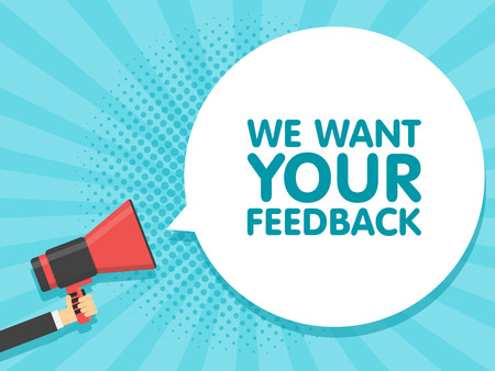 Hand hold megaphone. We want your feedback in bubble. Vector illustration comic retro background.のイラスト素材