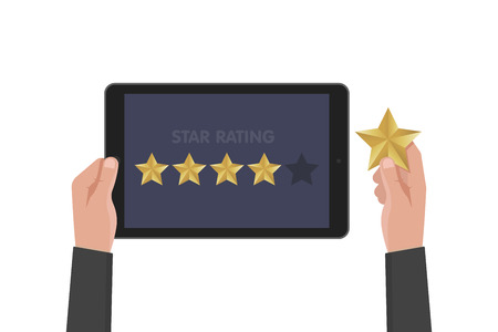 Hand holding and pointing to a tablet with five star on the screen. Rating and review concept. Vector illustration.のイラスト素材