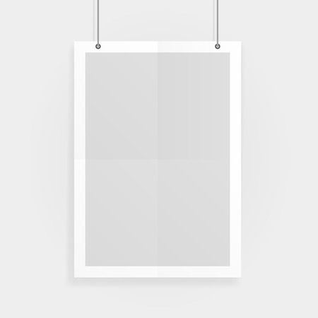 Empty white A4 sized vector paper mockup hanging with paper clips. Show your flyers, brochures, headlines etc with this highly detailed realistic design template element.のイラスト素材