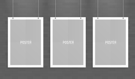 Empty three white A4 sized vector paper mockup hanging with paper clips. Show your flyers, brochures, headlines etc with this highly detailed realistic design template element.のイラスト素材