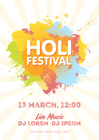 Holi spring festival of colors invitation template with colorful powder paint clouds and sample text. Blue, yellow, pink and orange powder paint. Vector illustrationのイラスト素材