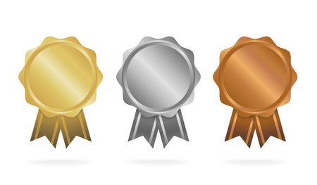 First place. Second place. Third place. Award Medals Set isolated on white with ribbons and stars. Vector illustrationのイラスト素材
