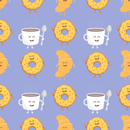 Coffee and croissant seamless pattern. Template for kids menu restaurant. Vector illustrationのイラスト素材