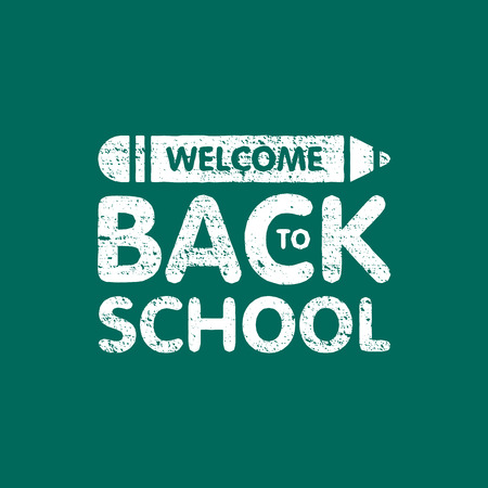 Grunge welcome back to school sign logo with pencil. Education board text. Vector illustration.のイラスト素材