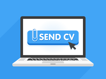 Laptop computer with resume template. Send cv buttons. Work and job search concept vector illustration.のイラスト素材