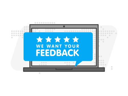 Laptop computer with sign we want your feedback. Vector illustration.のイラスト素材