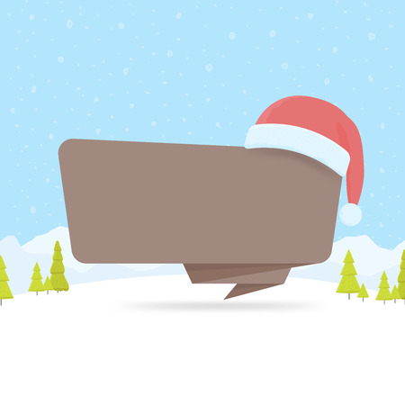 Vector illustration of paper speech bubble with Christmas hat in winter forest.のイラスト素材