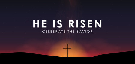 Christian Easter scene, Savior cross on dramatic sunrise scene, with text He is risen, vector...