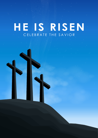 Christian easter scene, Saviour cross on dramatic sunrise scene, with text He is risen celebrate the Savior, vector illustration.のイラスト素材